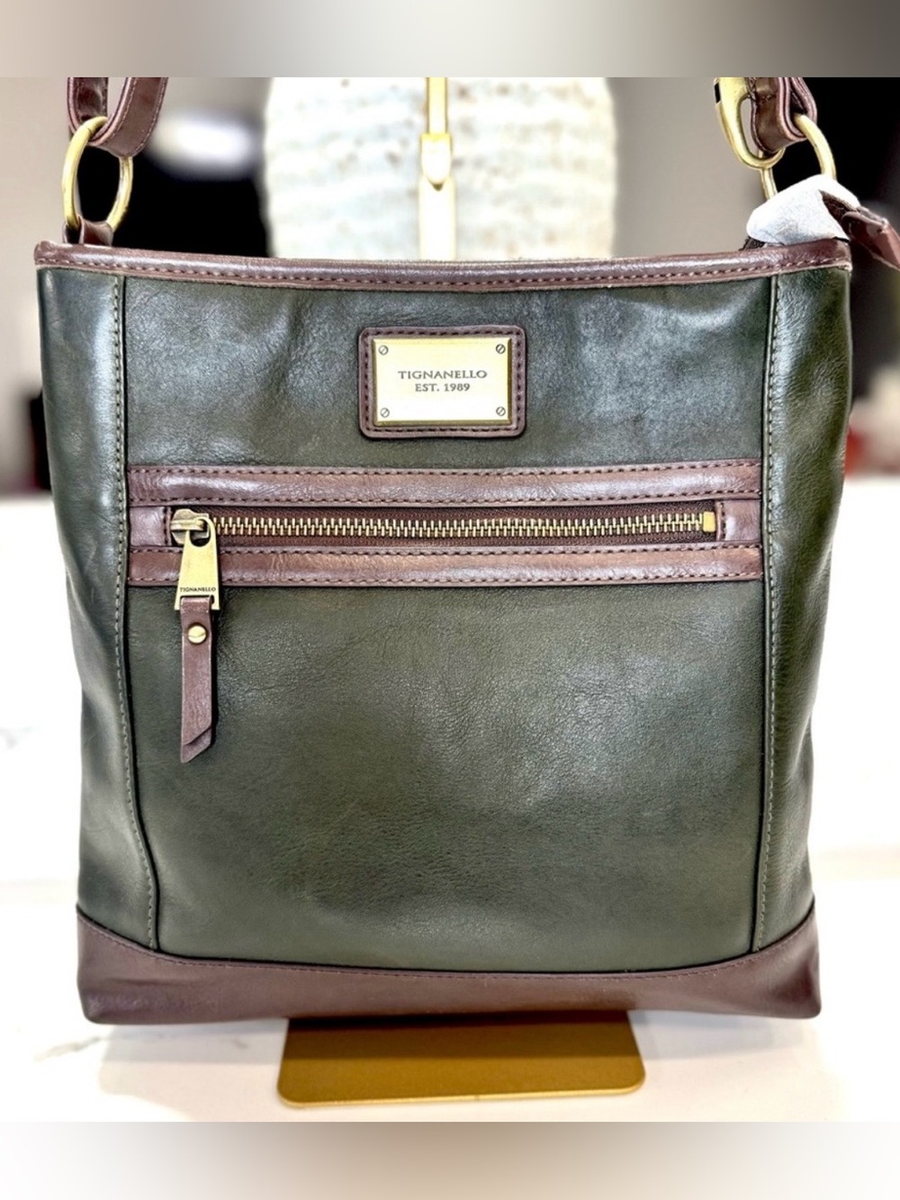 Tignanello Olive and Chocolate Crossbody Leather Shoulder Bag